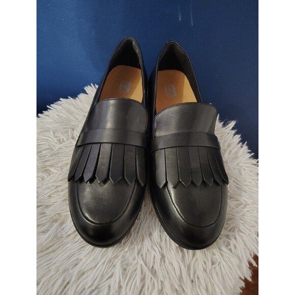 FitFlop Womens Leather Loafer wedge SUPERSKATE FRINGE Black Size 9 - Picture 1 of 9